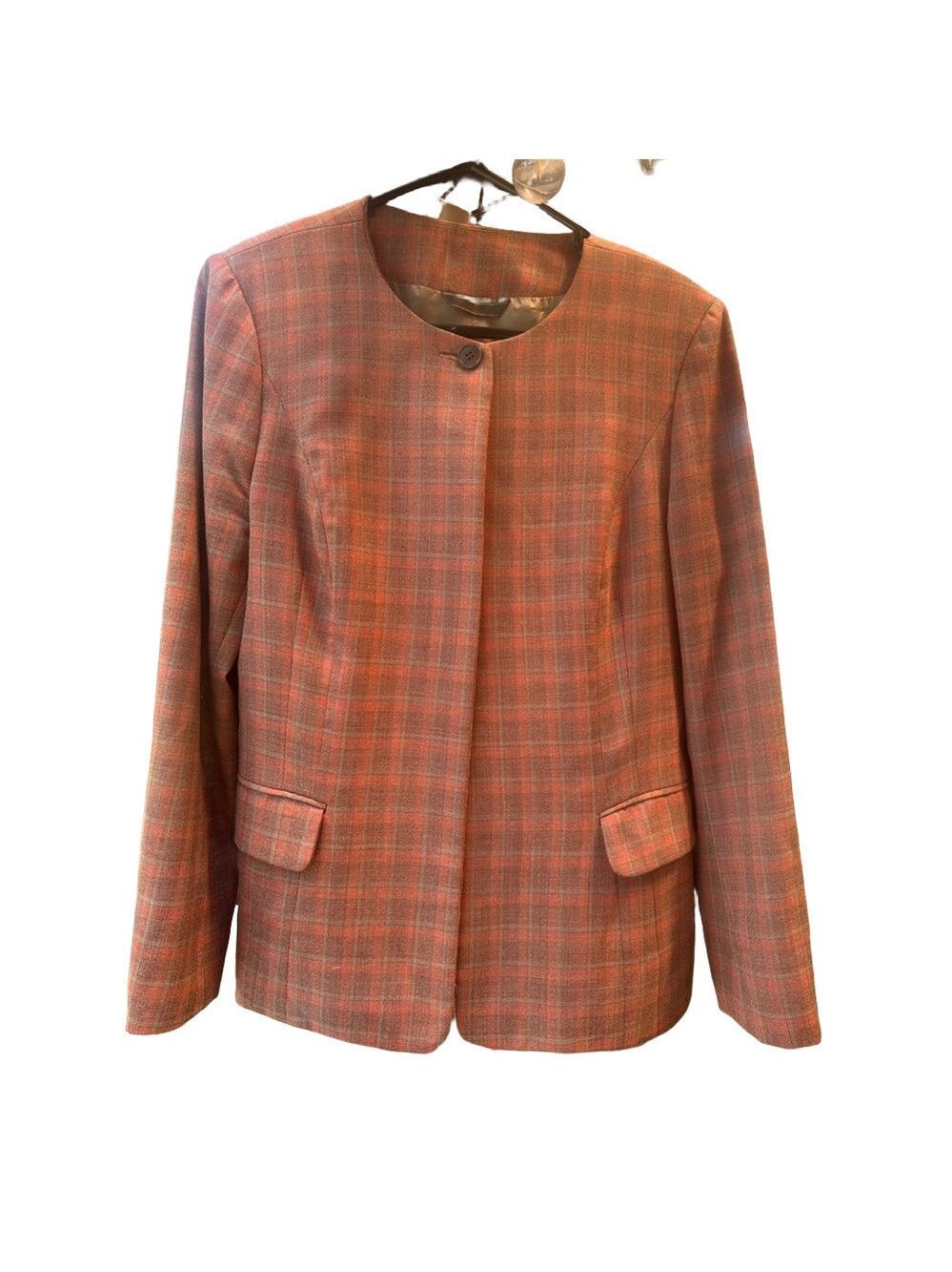 Custom Vintage Dara Lamb Medium Tan Orange Plaid Blazer one button - Picture 3 of 9